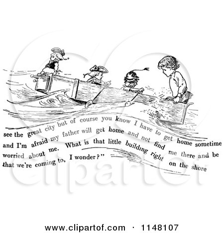 Clipart of Retro Vintage Black and White Boys in a Boat with Text - Royalty Free Vector Illustration by Prawny Vintage