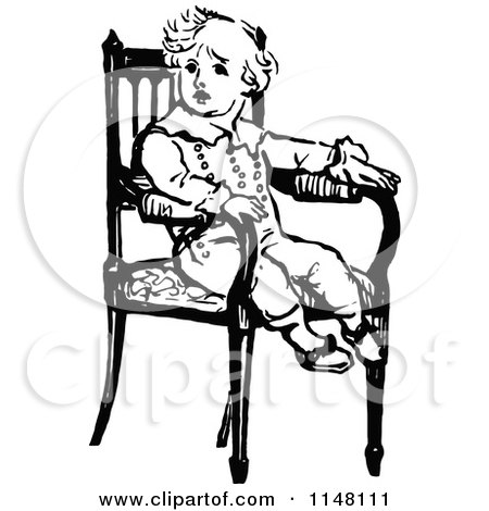 Clipart of a Retro Vintage Black and White Boy in a Chair - Royalty Free Vector Illustration by Prawny Vintage