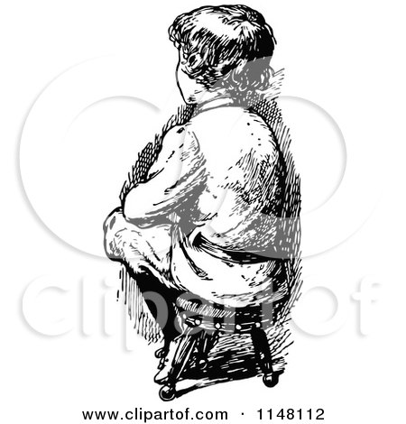 Clipart of a Retro Vintage Black and White Boy Sitting on a Stool - Royalty Free Vector Illustration by Prawny Vintage