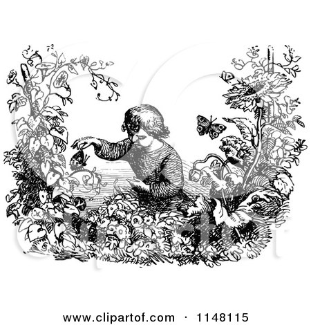 Clipart of a Retro Vintage Black and White Boy and Butterflies in a Garden - Royalty Free Vector Illustration by Prawny Vintage