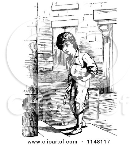 Clipart of a Retro Vintage Black and White Boy Carrying a Fiddle - Royalty Free Vector Illustration by Prawny Vintage