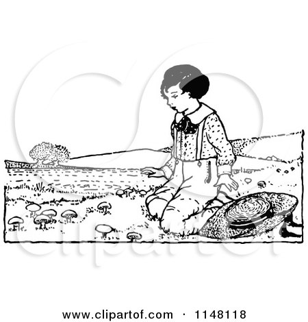 Clipart of a Retro Vintage Black and White Boy Kneeling by Mushrooms - Royalty Free Vector Illustration by Prawny Vintage
