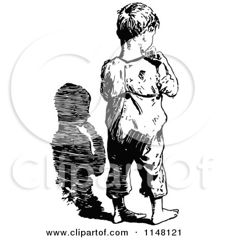 Clipart of a Retro Vintage Black and White Rear View of a Boy Eating - Royalty Free Vector Illustration by Prawny Vintage