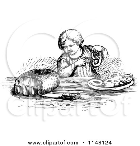 Clipart of a Retro Vintage Black and White Boy with Bread Pastries and a Pretzel - Royalty Free Vector Illustration by Prawny Vintage