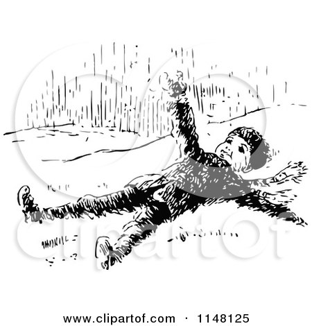 Clipart of a Retro Vintage Black and White Boy Laying in Snow - Royalty Free Vector Illustration by Prawny Vintage
