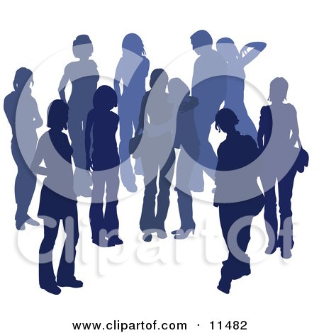 Blue Group of Silhouetted People Hanging Out in a Crowd, Two Friends Embracing in the Middle Clipart Illustration by AtStockIllustration