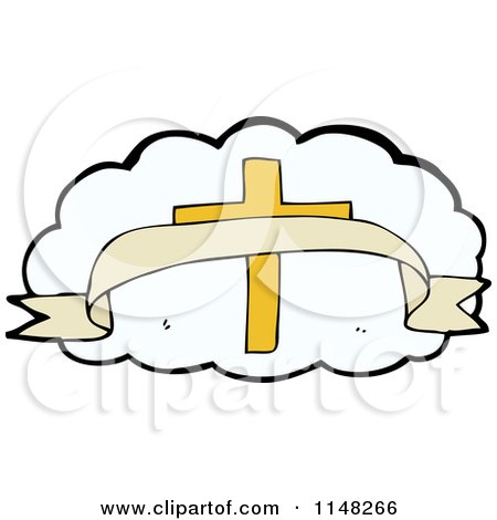 Cartoon of a Cross and Banner over a White Cloud - Royalty Free Vector Clipart by lineartestpilot