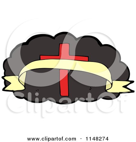 Cartoon of a Cross and Banner over a Black Cloud - Royalty Free Vector Clipart by lineartestpilot