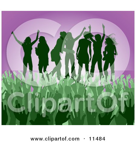 Green Group of Silhouetted Women Raising Their Arms and Celebrating on Stage at a Concert Clipart Illustration by AtStockIllustration