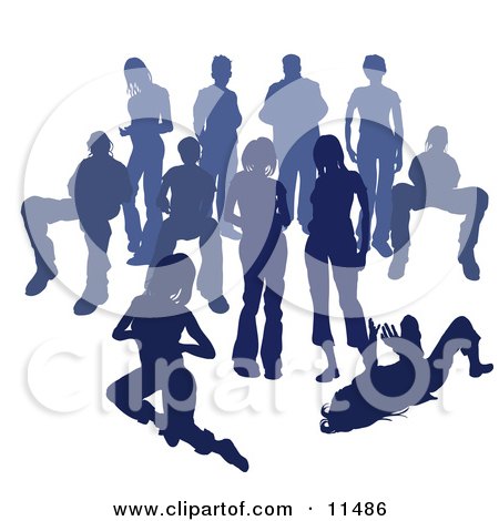 Crowd of Blue Silhouetted People Clipart Illustration by AtStockIllustration