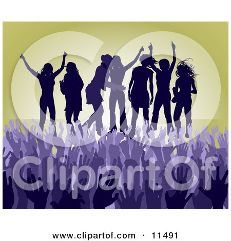 Purple Group of Silhouetted Women Raising Their Arms and Celebrating on Stage at a Concert Clipart Illustration by AtStockIllustration