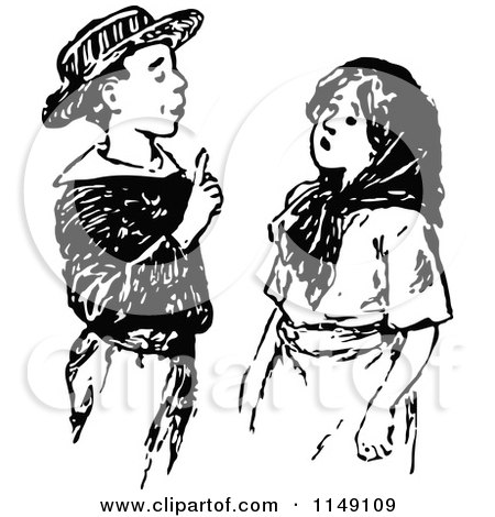 Clipart of a Retro Vintage Black and White Smart Boy Talking to a Girl - Royalty Free Vector Illustration by Prawny Vintage