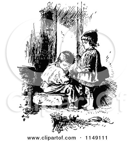 Clipart of a Retro Vintage Black and White Sad Boy and Girl - Royalty Free Vector Illustration by Prawny Vintage