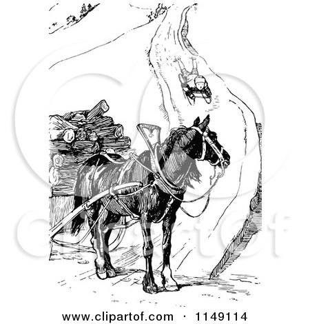 Clipart of a Retro Vintage Black and White Boy Sledding Toward a Horse - Royalty Free Vector Illustration by Prawny Vintage