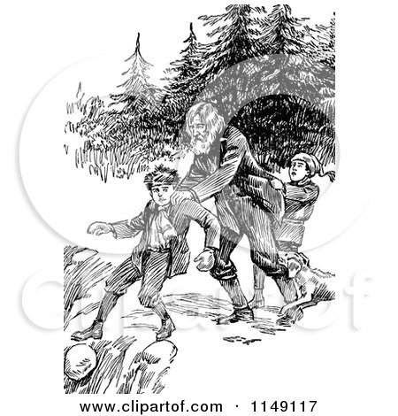 Clipart of a Retro Vintage Black and White Man Saving a Boy from Falling off a Cliff - Royalty Free Vector Illustration by Prawny Vintage