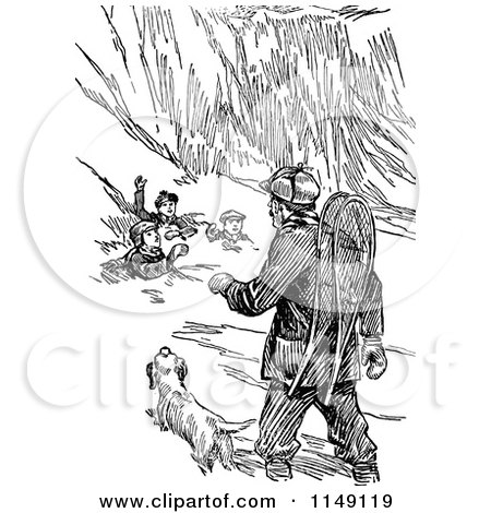 Clipart of a Retro Vintage Black and White Man and Dog Helping Boys Caught in an Avalanche - Royalty Free Vector Illustration by Prawny Vintage