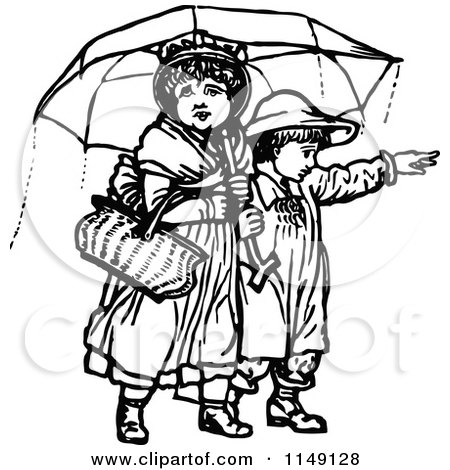 Clipart of Retro Vintage Black and White Children with an Umbrella 2 - Royalty Free Vector Illustration by Prawny Vintage