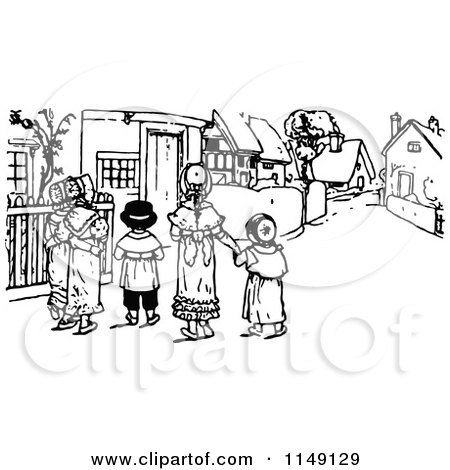 Clipart of Retro Vintage Black and White Children in a Village - Royalty Free Vector Illustration by Prawny Vintage