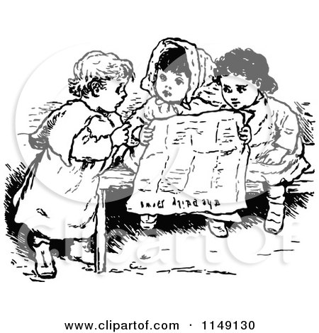 Clipart of Retro Vintage Black and White Children Reading a Newspaper - Royalty Free Vector Illustration by Prawny Vintage
