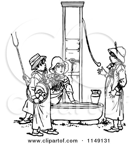 Clipart of Retro Vintage Black and White Boys Playing at a Water Pump - Royalty Free Vector Illustration by Prawny Vintage