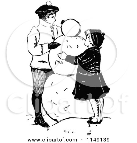 Clipart of Retro Vintage Black and White Children Making a Snowman - Royalty Free Vector Illustration by Prawny Vintage