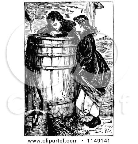 Clipart of Retro Vintage Black and White Children Peering into a Barrel - Royalty Free Vector Illustration by Prawny Vintage