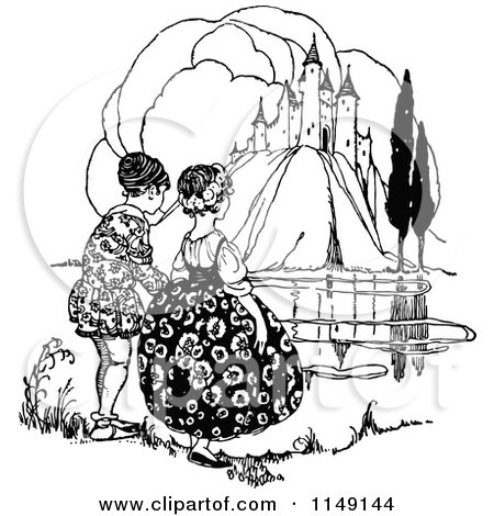 Clipart of a Retro Vintage Black and White Boy and Girl near a Castle - Royalty Free Vector Illustration by Prawny Vintage
