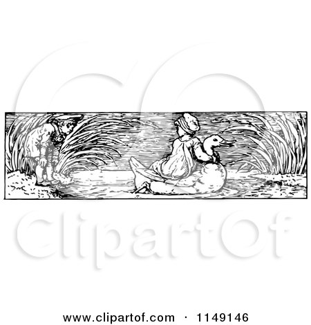 Clipart of a Retro Vintage Black and White Border of a Boy Watching a Girl Ride a Swan - Royalty Free Vector Illustration by Prawny Vintage