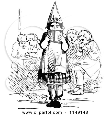 Clipart of a Retro Vintage Black and White Kid in a Dunce Hat - Royalty Free Vector Illustration by Prawny Vintage