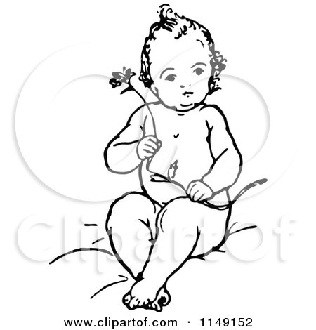 Clipart of a Retro Vintage Black and White Baby Holding a Flower - Royalty Free Vector Illustration by Prawny Vintage