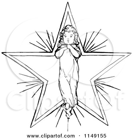 Clipart of a Retro Vintage Black and White Angelic Child over a Star - Royalty Free Vector Illustration by Prawny Vintage