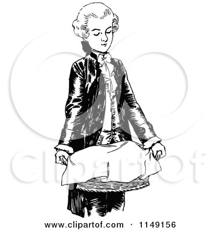 Clipart of a Retro Vintage Black and White Boy with a Basket - Royalty Free Vector Illustration by Prawny Vintage