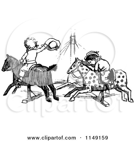 Clipart of Retro Vintage Black and White Kids on a Carousel Ride - Royalty Free Vector Illustration by Prawny Vintage