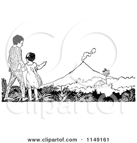 Clipart of a Retro Vintage Black and White Boy and Girl Watching a Volcano - Royalty Free Vector Illustration by Prawny Vintage