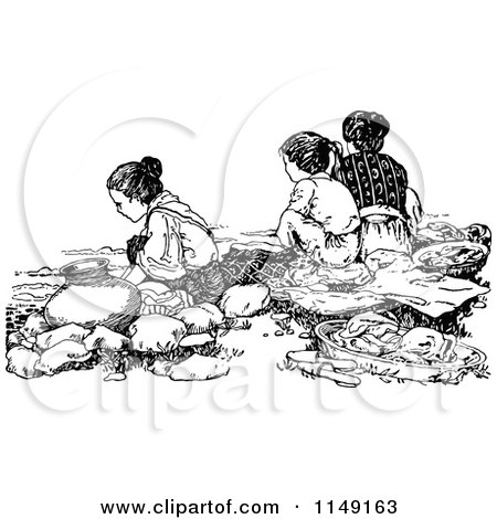 Clipart of a Retro Vintage Black and White Children Having a Picnic - Royalty Free Vector Illustration by Prawny Vintage