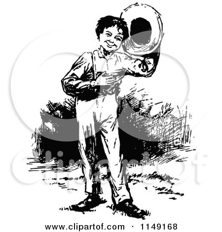 Clipart of a Retro Vintage Black and White Boy Gentleman Holding His Hat - Royalty Free Vector Illustration by Prawny Vintage