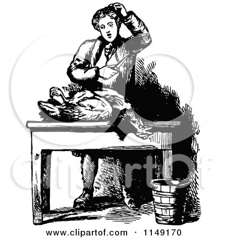 Clipart of a Retro Vintage Black and White Boy Preparing a Butchered Chicken - Royalty Free Vector Illustration by Prawny Vintage