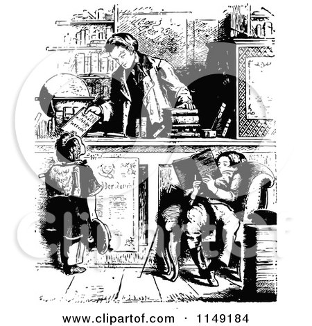 Clipart of Retro Vintage Black and White Children at a Book Store - Royalty Free Vector Illustration by Prawny Vintage