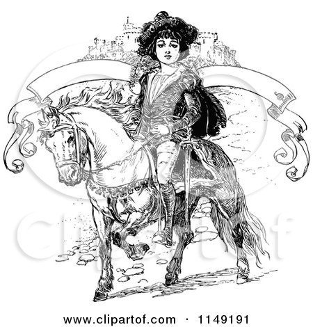 Clipart of a Retro Vintage Black and White Boy on a Pony with a Castle and Banner - Royalty Free Vector Illustration by Prawny Vintage