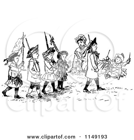 Clipart of a Retro Vintage Black and White Group of Marching Children - Royalty Free Vector Illustration by Prawny Vintage