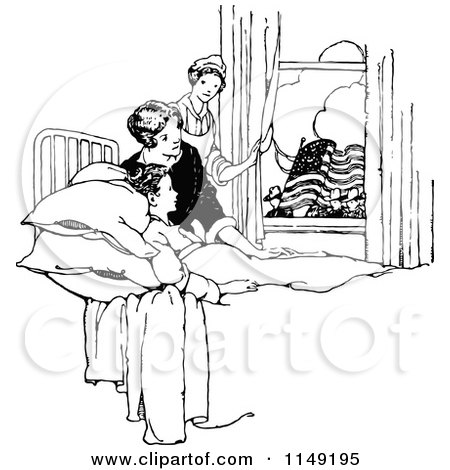Clipart of a Retro Vintage Black and White Sick Boy Watching a Parade from Bed - Royalty Free Vector Illustration by Prawny Vintage