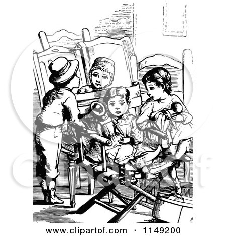 Clipart of a Retro Vintage Black and White Group of Children Playing on a Chair - Royalty Free Vector Illustration by Prawny Vintage
