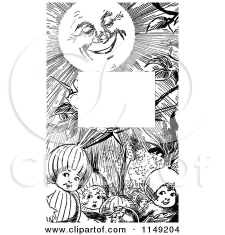 Clipart of a Retro Vintage Black and White Border of Sunshine and Children - Royalty Free Vector Illustration by Prawny Vintage