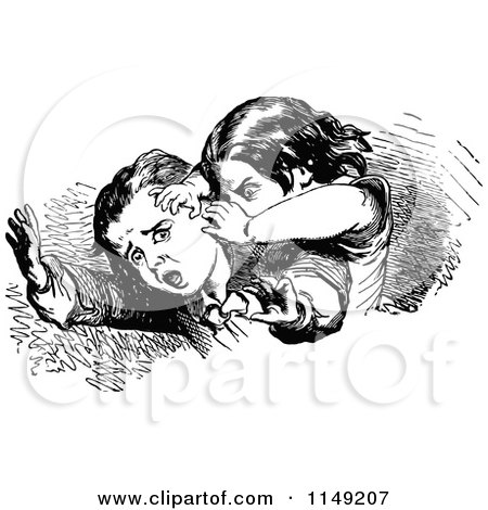 Clipart of a Retro Vintage Black and White Bully Attacking a Boy - Royalty Free Vector Illustration by Prawny Vintage