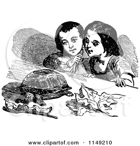Clipart of Retro Vintage Black and White Children Observing a Tortoise - Royalty Free Vector Illustration by Prawny Vintage