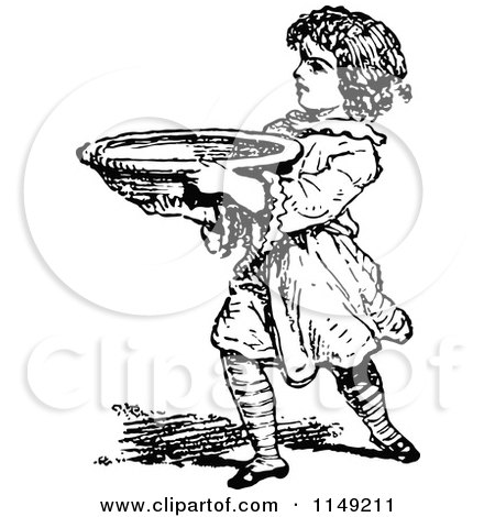 Clipart of a Retro Vintage Black and White Boy Carrying a Bowl - Royalty Free Vector Illustration by Prawny Vintage
