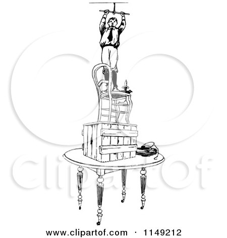 Clipart of a Retro Vintage Black and White Boy on a Pile of Furniture Fixing a Light Fixture - Royalty Free Vector Illustration by Prawny Vintage