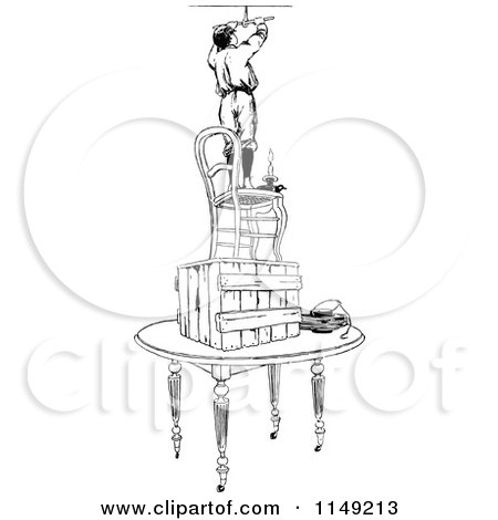 Clipart of a Retro Vintage Black and White Boy on a Pile of Furniture Fixing a Light Fixture 2 - Royalty Free Vector Illustration by Prawny Vintage