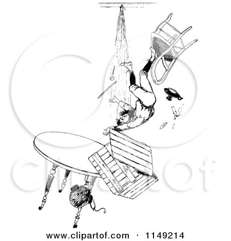 Clipart of a Retro Vintage Black and White Boy Falling from a Pile of Furniture - Royalty Free Vector Illustration by Prawny Vintage