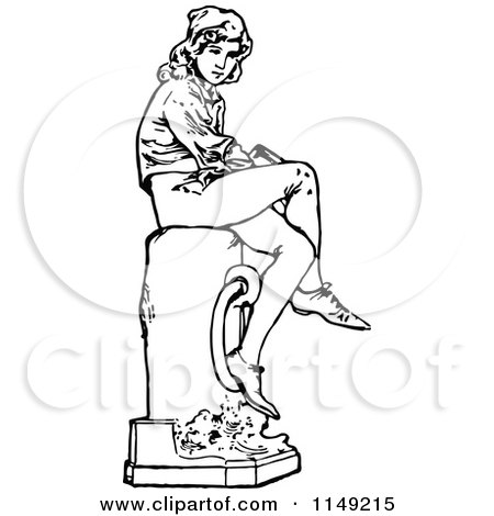 Clipart of a Retro Vintage Black and White Boy Sitting on a Post - Royalty Free Vector Illustration by Prawny Vintage